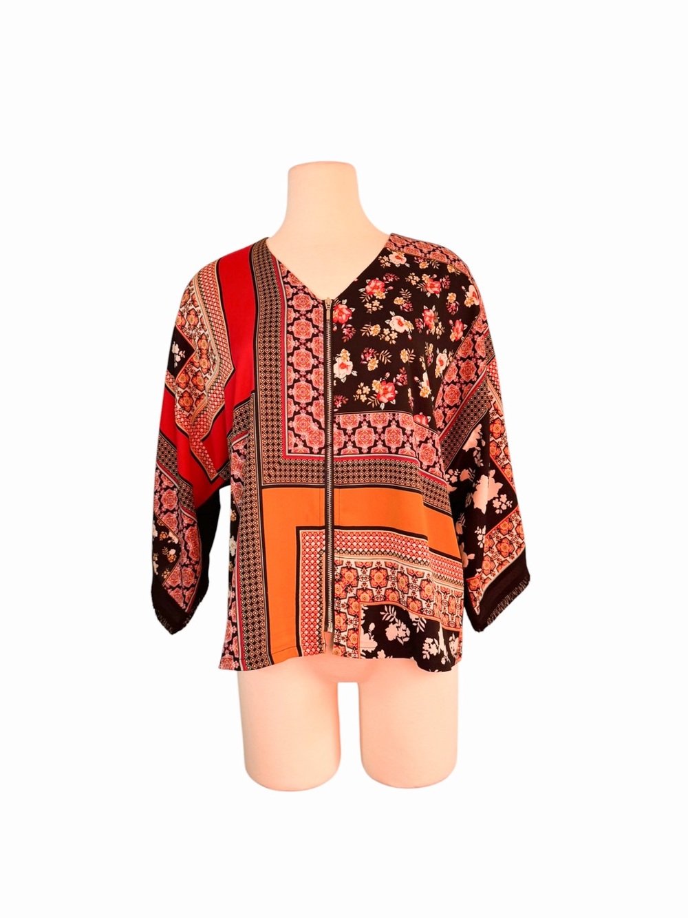 Chico's Patchwork Floral Zip-Front Tunic in Black & Rust